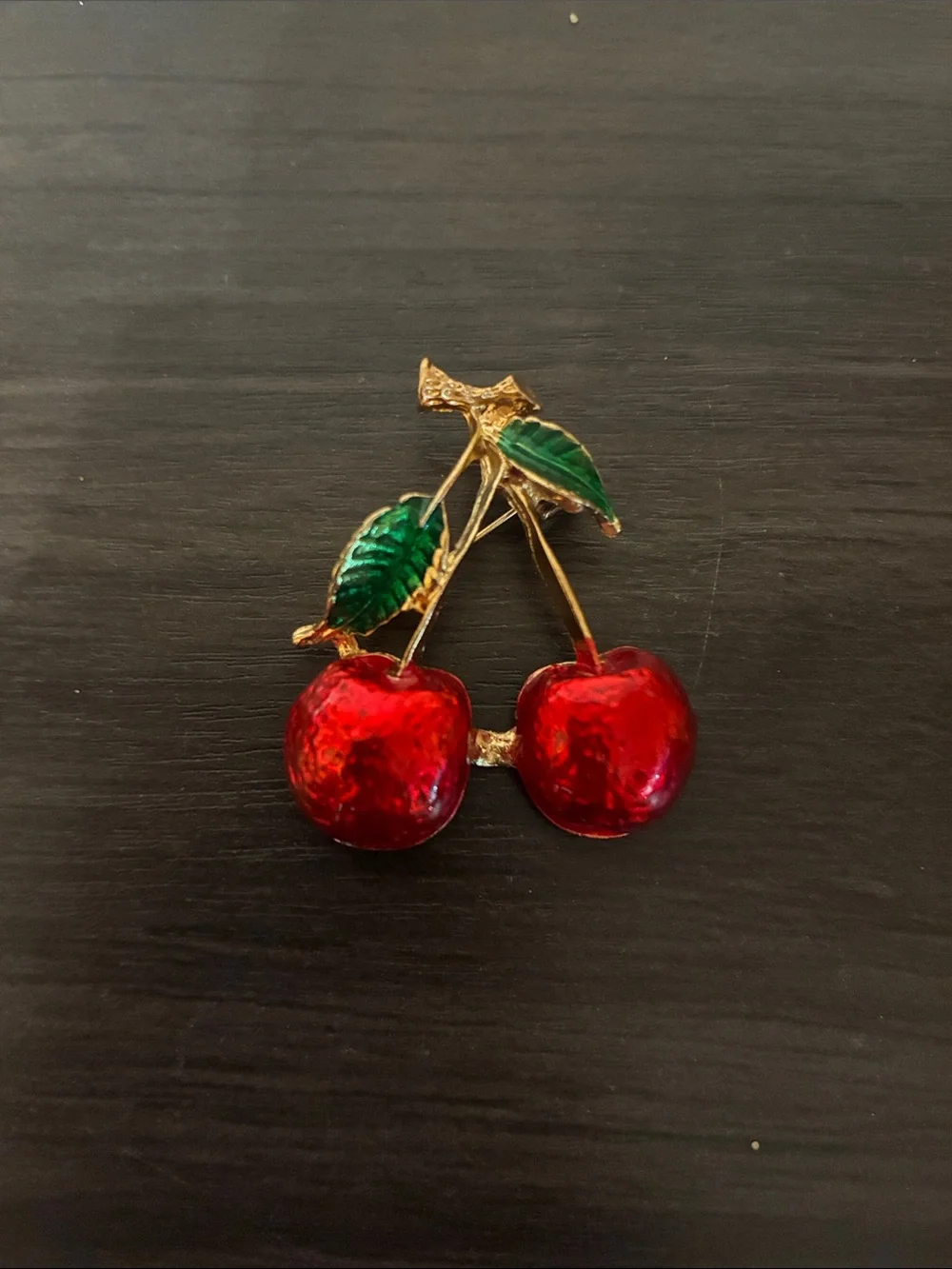 Vintage Inspired Cherry Brooch Red Enamel Fruit Pin Gold Tone Jewelry